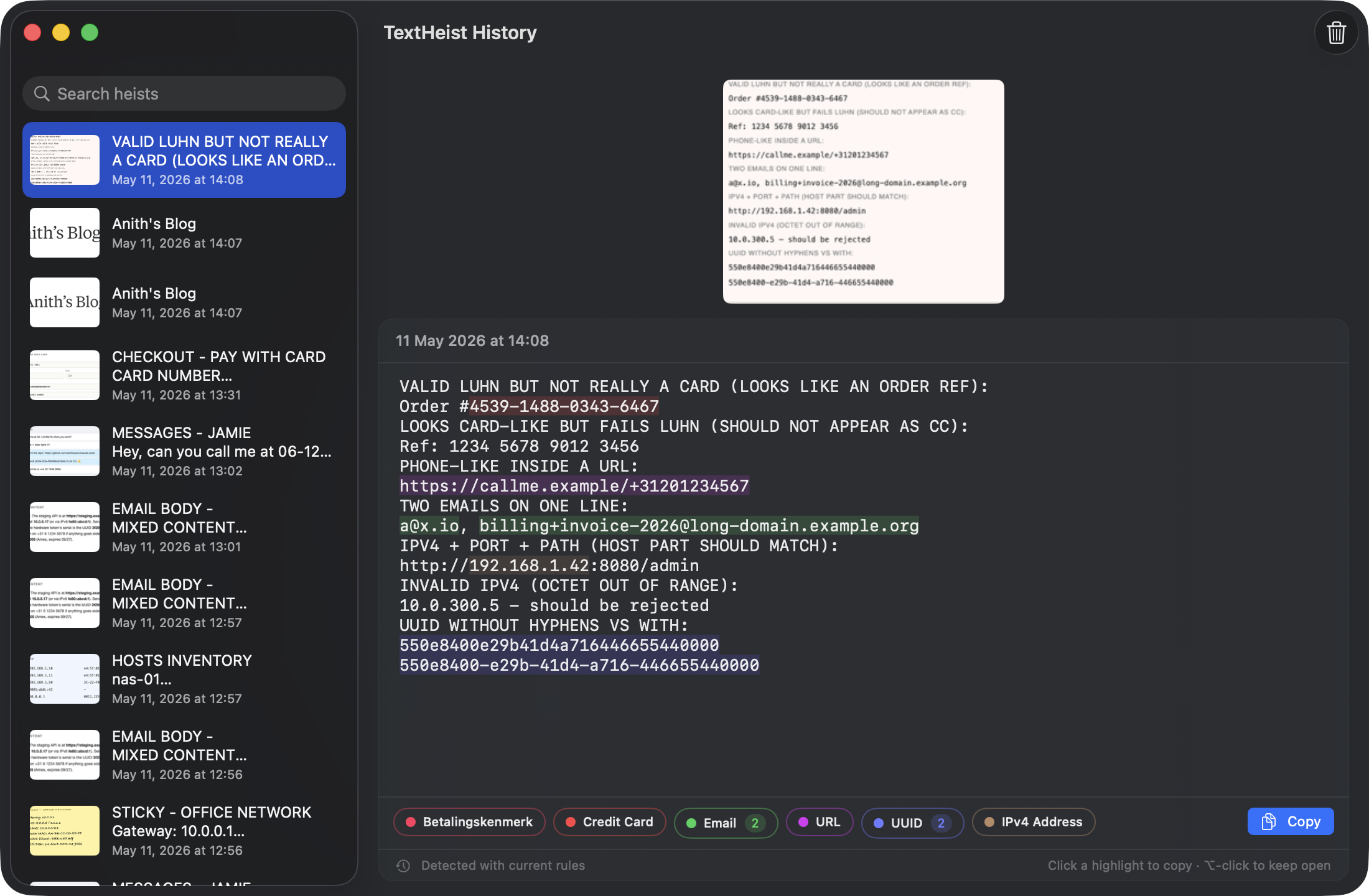 The History window with a row selected on the left and the OCR'd text with entity highlights on the right.