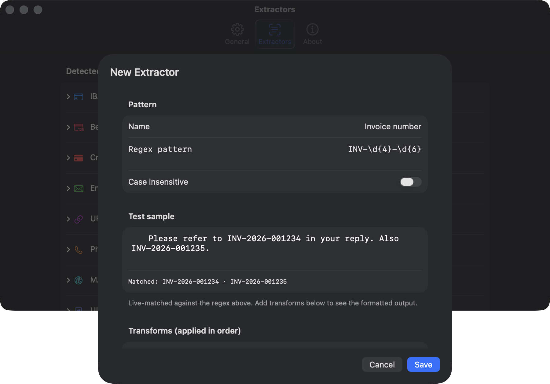 The New Extractor sheet with a sample regex, test sample, and live-matched values.