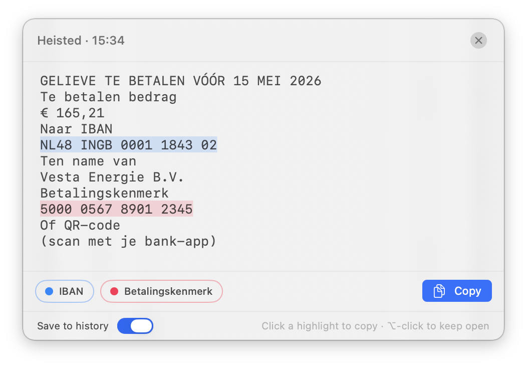 The TextHeist result popup with IBAN and Betalingskenmerk highlighted and chips for each.