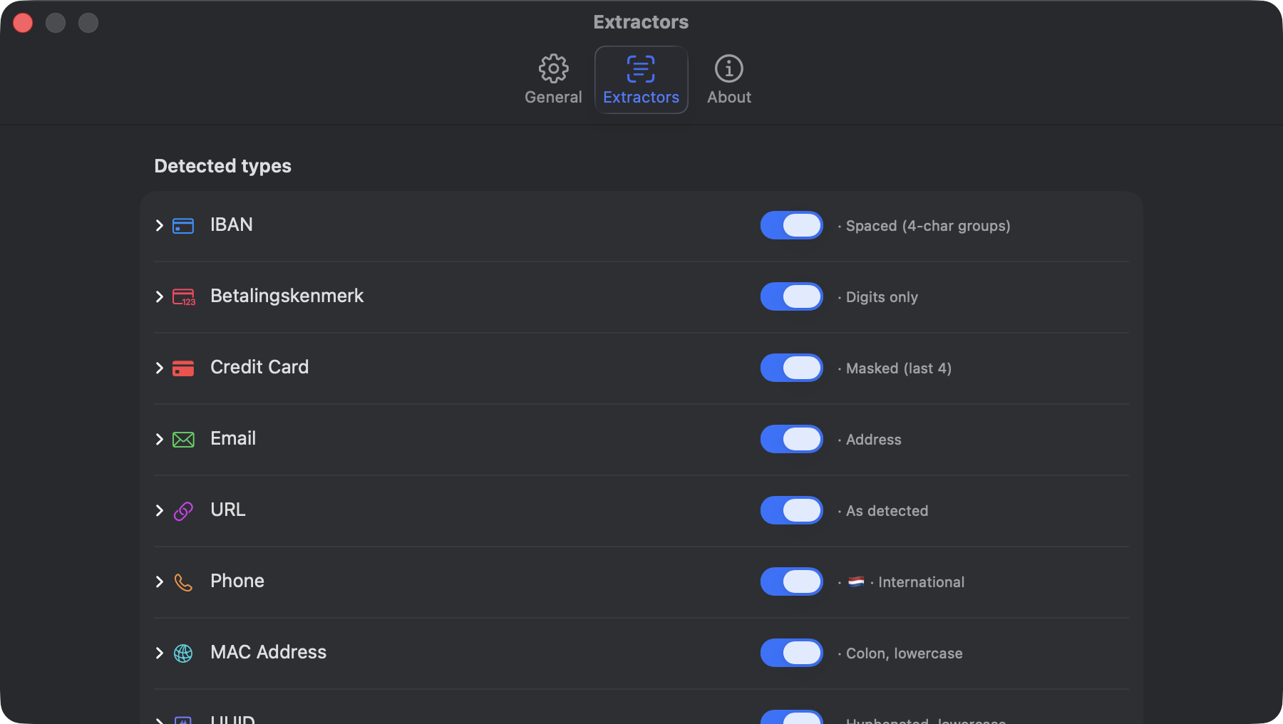 Settings Extractors listing all ten built-in entity types in collapsed rows.