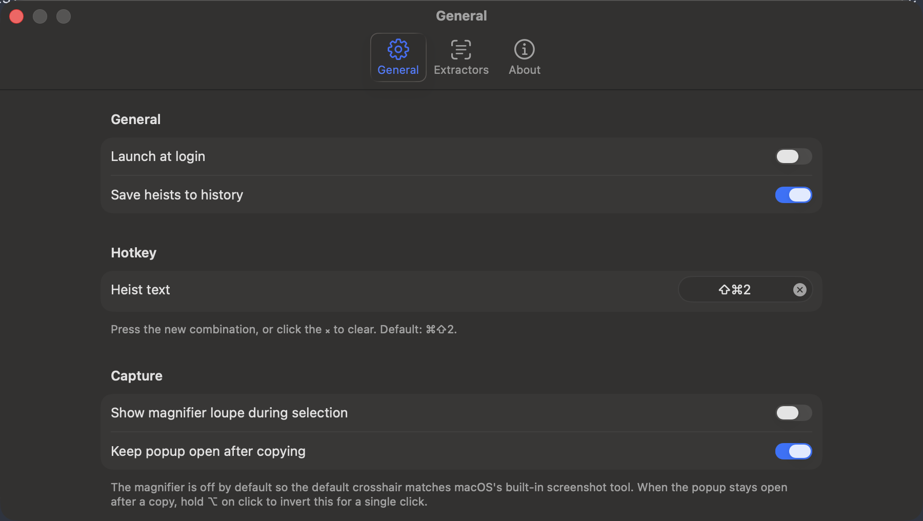 Settings → General with the hotkey recorder showing ⌘⇧2.